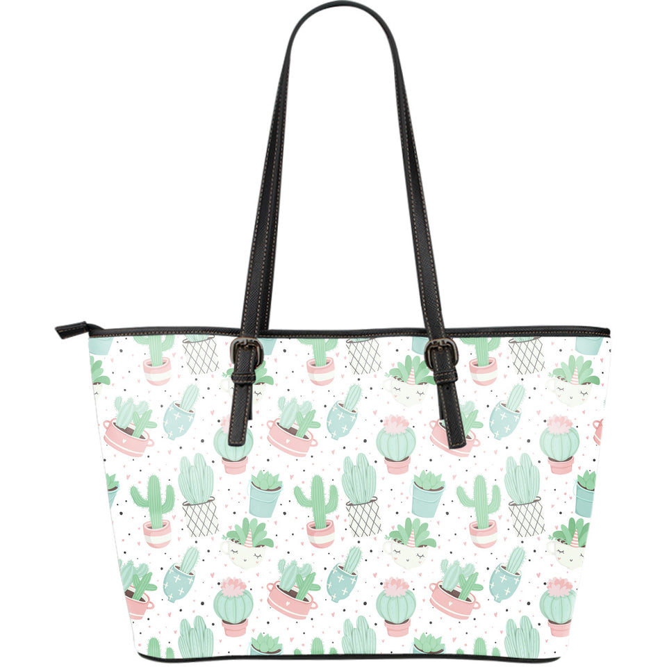 Pastel Color Cactus Pattern  Large Leather Tote Bag