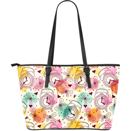 Clock Butterfly Pattern Large Leather Tote Bag