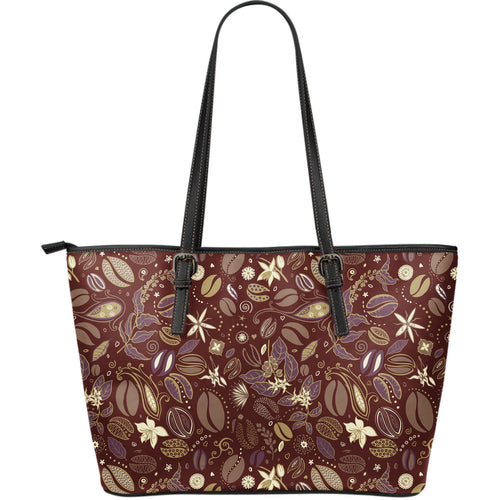 Coffee Bean Flower Pattern Large Leather Tote Bag