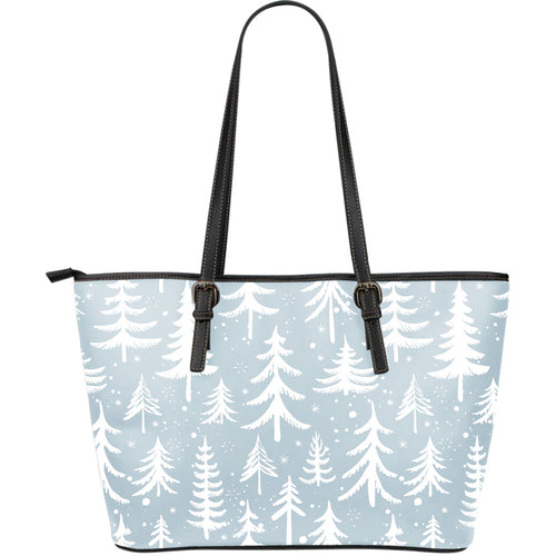 Christmas Tree Winter Forest Pattern Large Leather Tote Bag