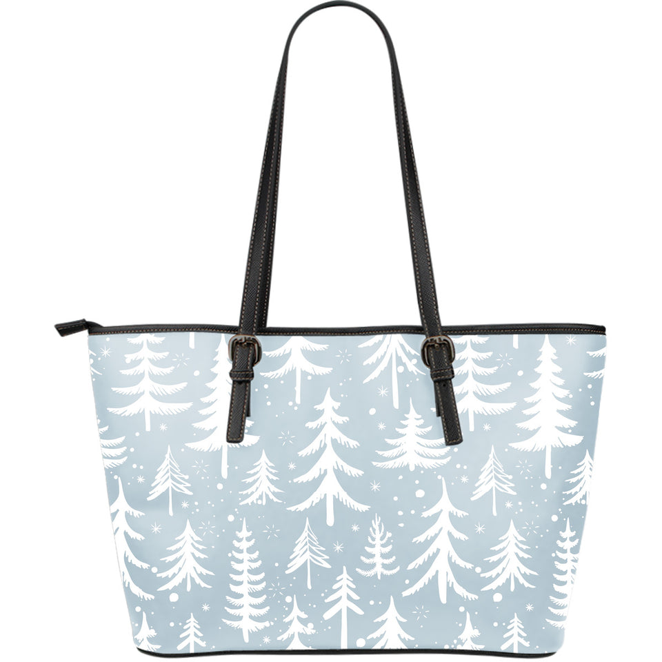 Christmas Tree Winter Forest Pattern Large Leather Tote Bag