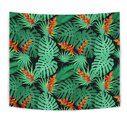 Heliconia Flower Palm Monstera Leaves Black Background Wall Tapestry