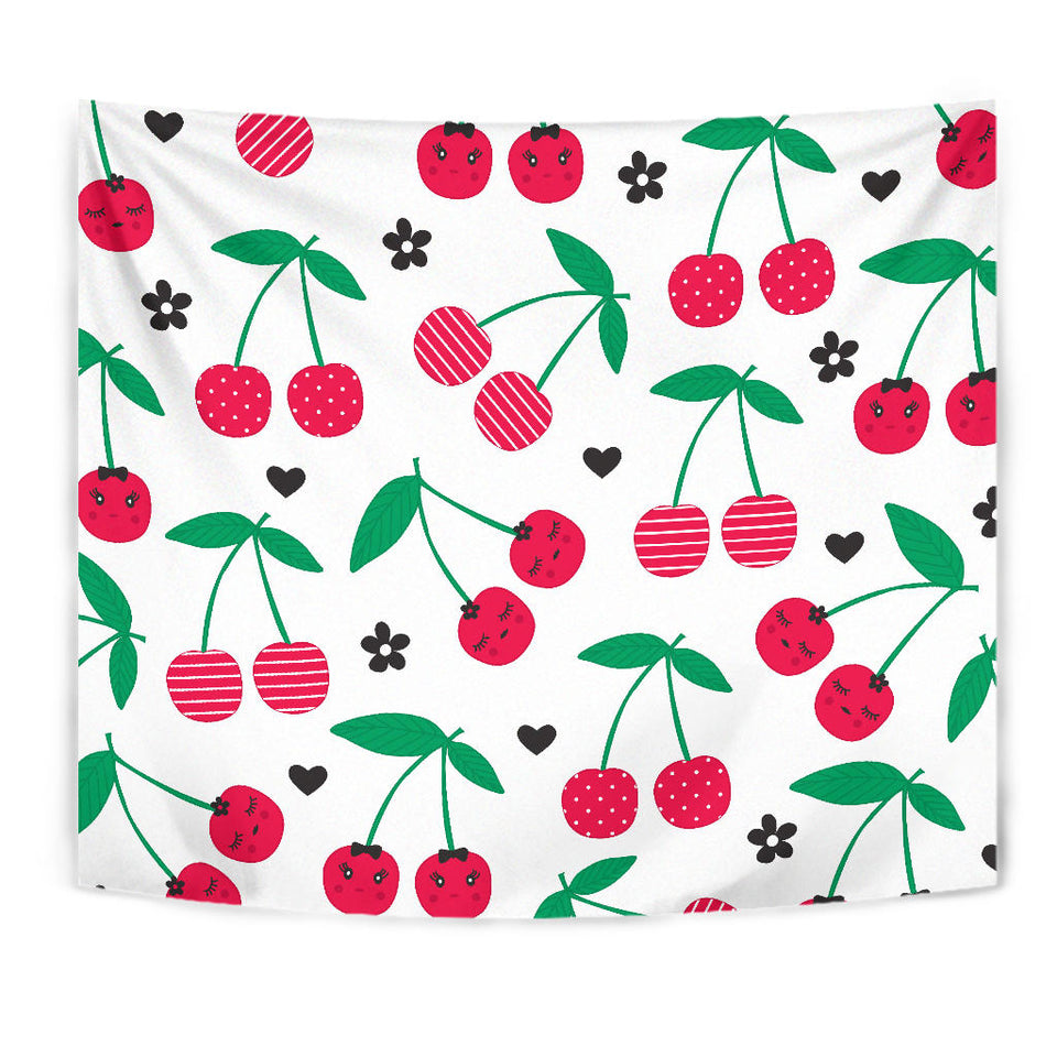 Cherry Pattern White Background Wall Tapestry