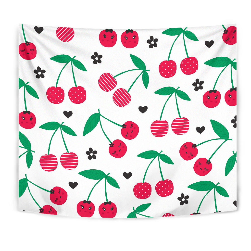 Cherry Pattern White Background Wall Tapestry