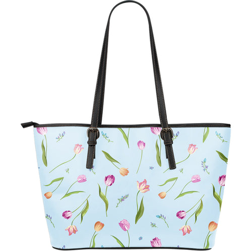 Watercolor Tulips Pattern Large Leather Tote Bag