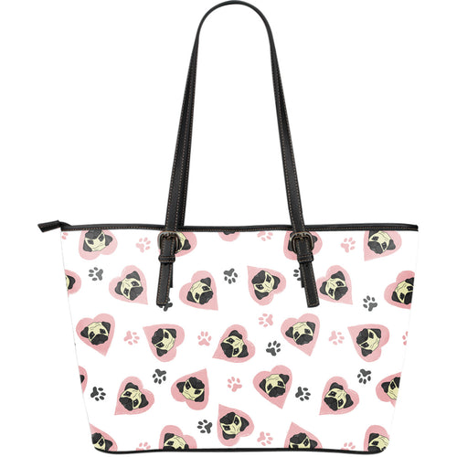Cute Pugs Pink Heart Paw Pattern Large Leather Tote Bag