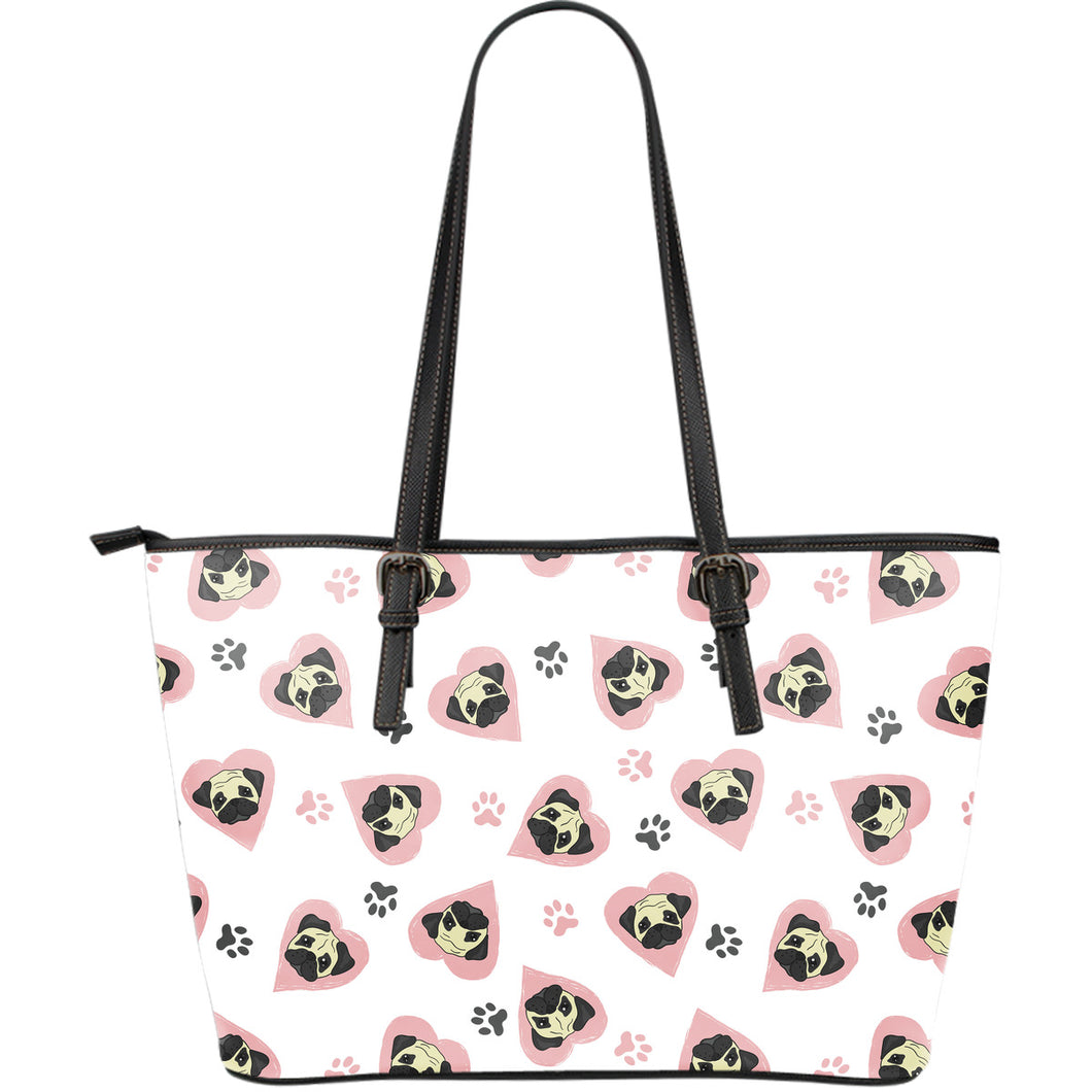 Cute Pugs Pink Heart Paw Pattern Large Leather Tote Bag