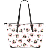 Cute Pugs Pink Heart Paw Pattern Large Leather Tote Bag