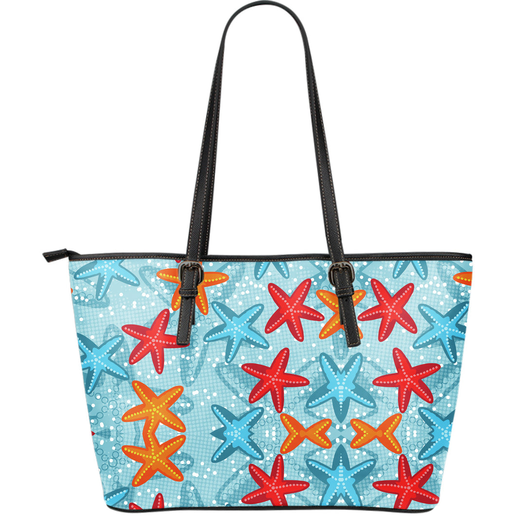 Blue Red Orange Starfish Pattern Large Leather Tote Bag