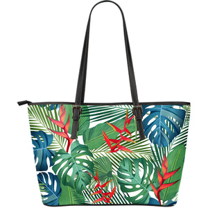 Heliconia Palm And Monstera  Leaves Pattern Large Leather Tote Bag