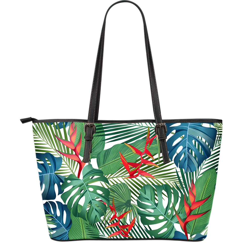 Heliconia Palm And Monstera  Leaves Pattern Large Leather Tote Bag