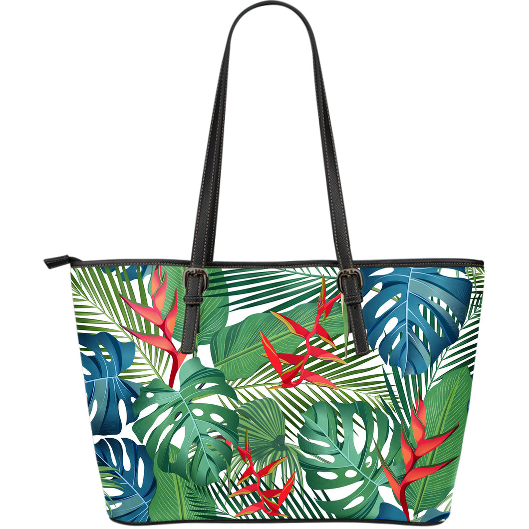 Heliconia Palm And Monstera  Leaves Pattern Large Leather Tote Bag