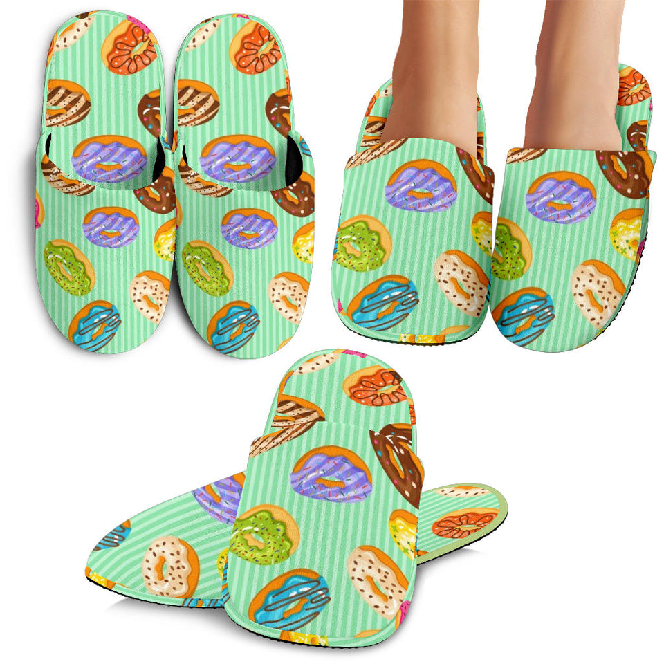 Colorful Donut Pattern Green Background Slippers