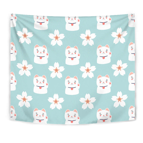 Maneki Neko Lucky Cat Sakura Wall Tapestry