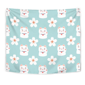 Maneki Neko Lucky Cat Sakura Wall Tapestry