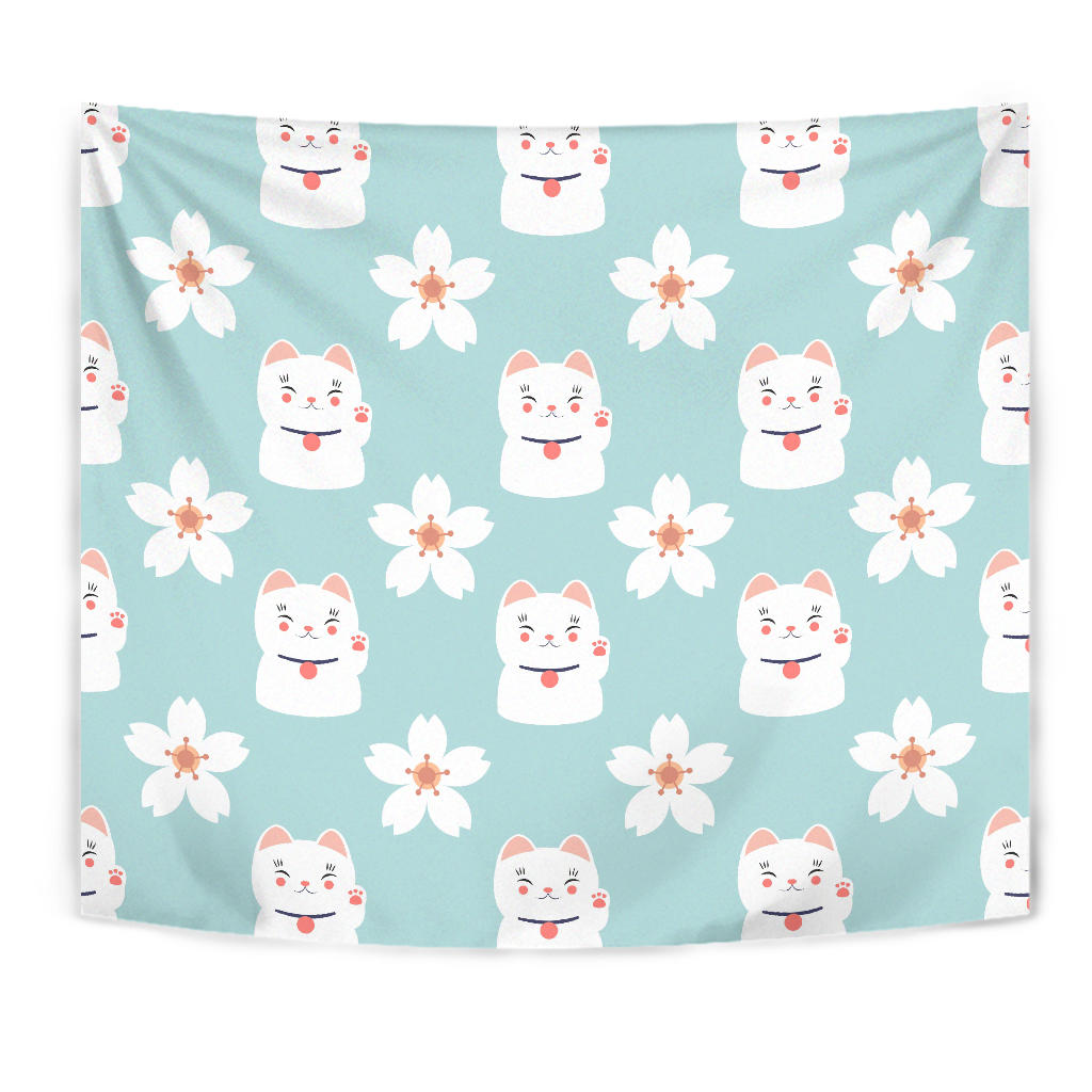 Maneki Neko Lucky Cat Sakura Wall Tapestry