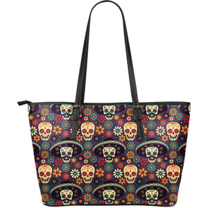 Sugar Skulls Flower Maxican Pattern Large Leather Tote Bag