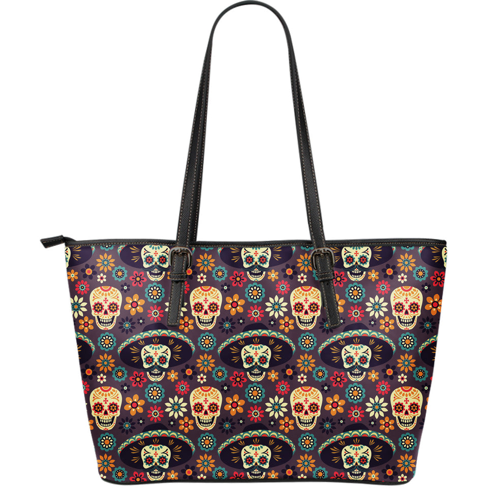 Sugar Skulls Flower Maxican Pattern Large Leather Tote Bag