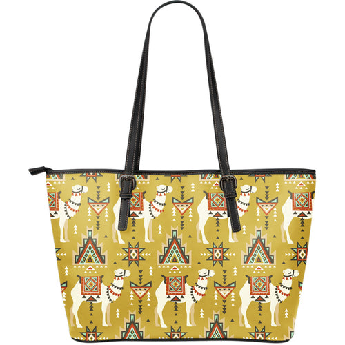 Camels Ethnic Motif Pattern Large Leather Tote Bag