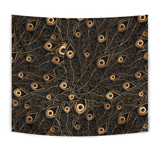 Gold Peacock Feather Pattern Wall Tapestry