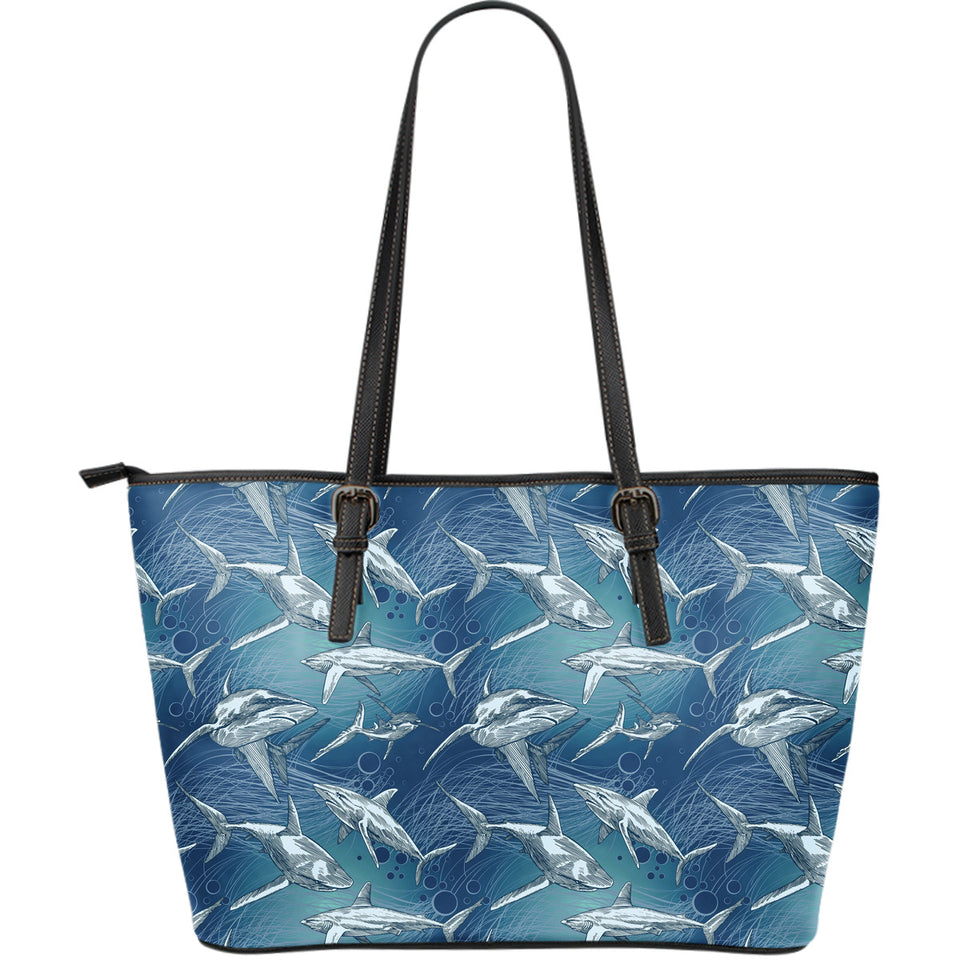 Shark Hand Drawn Large Leather Tote Bag
