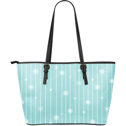 Snowflake Pattern Blue Stripe Background Large Leather Tote Bag