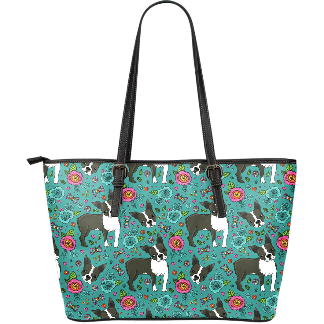 Boston Terrier Beautiful Flower Pattern Large Leather Tote Bag