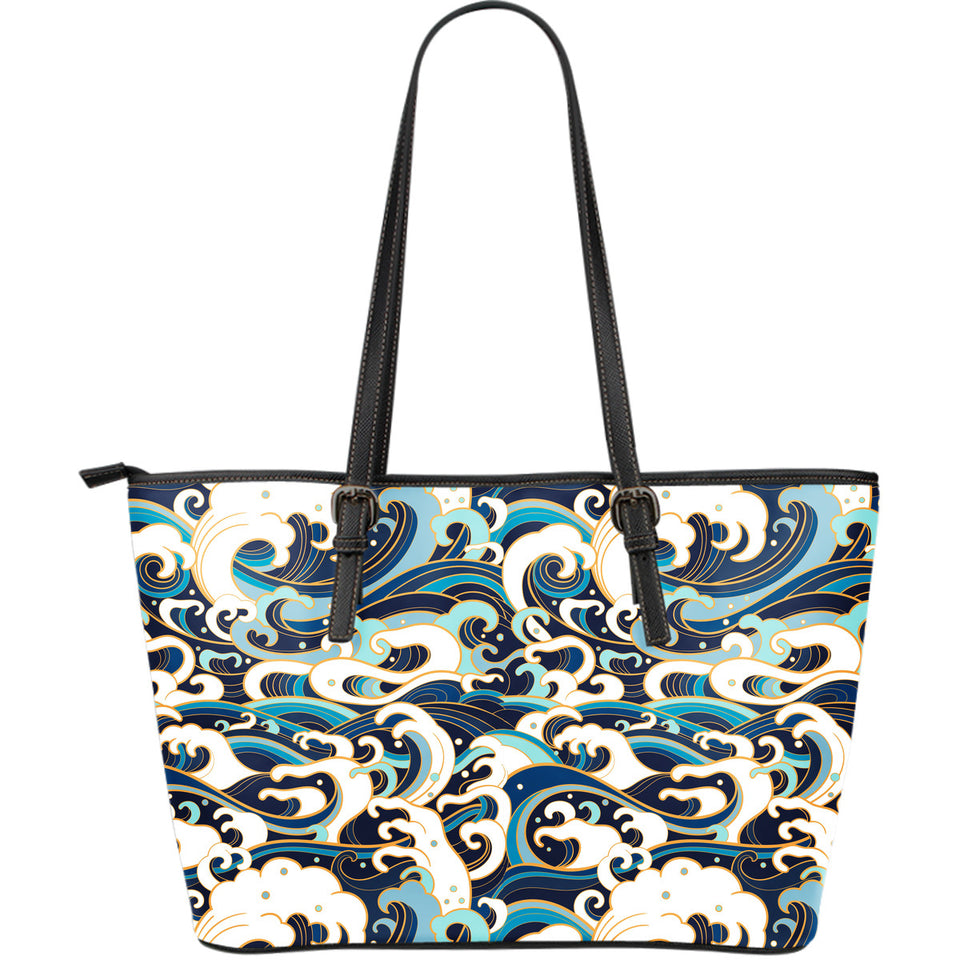 Japanese Wave Pattern Large Leather Tote Bag