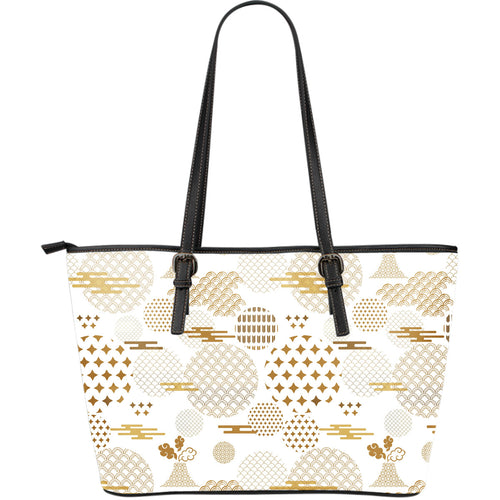 Beautiful Gold Japanese Pattern Large Leather Tote Bag