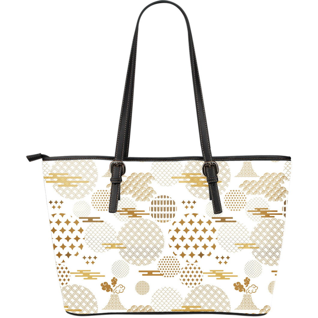 Beautiful Gold Japanese Pattern Large Leather Tote Bag