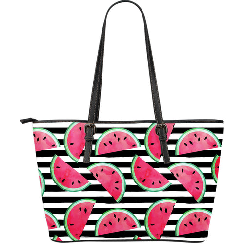 Watercolor Paint Textured Watermelon Pieces Large Leather Tote Bag