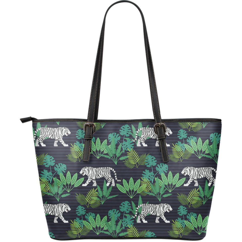 White Bengal Tigers Tropical Plant Large Leather Tote Bag