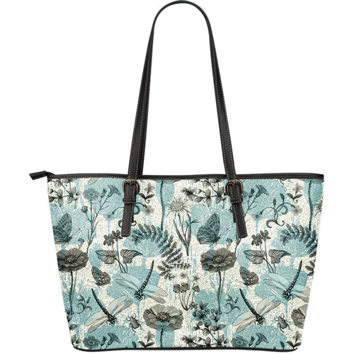 Dragonfly Butterfly Plants Insect Flower Vintage Style Pattern Large Leather Tote Bag