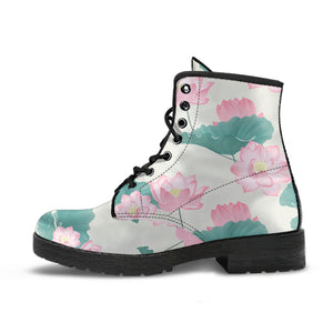 Pink Lotus Waterlily Leaves Pattern Leather Boots