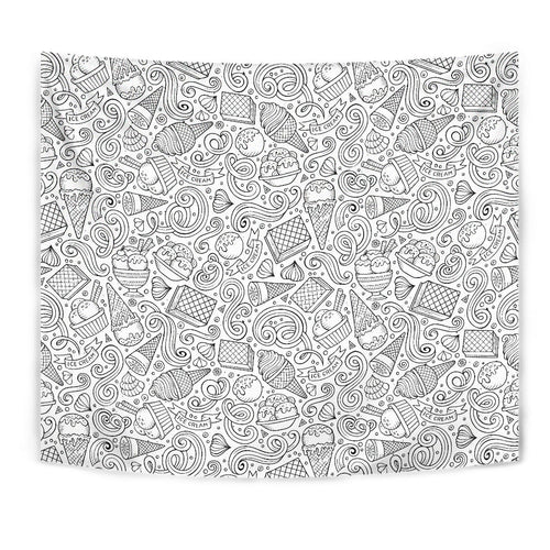 Cartoon Hand Drawn Ice Cream Black White Wall Tapestry