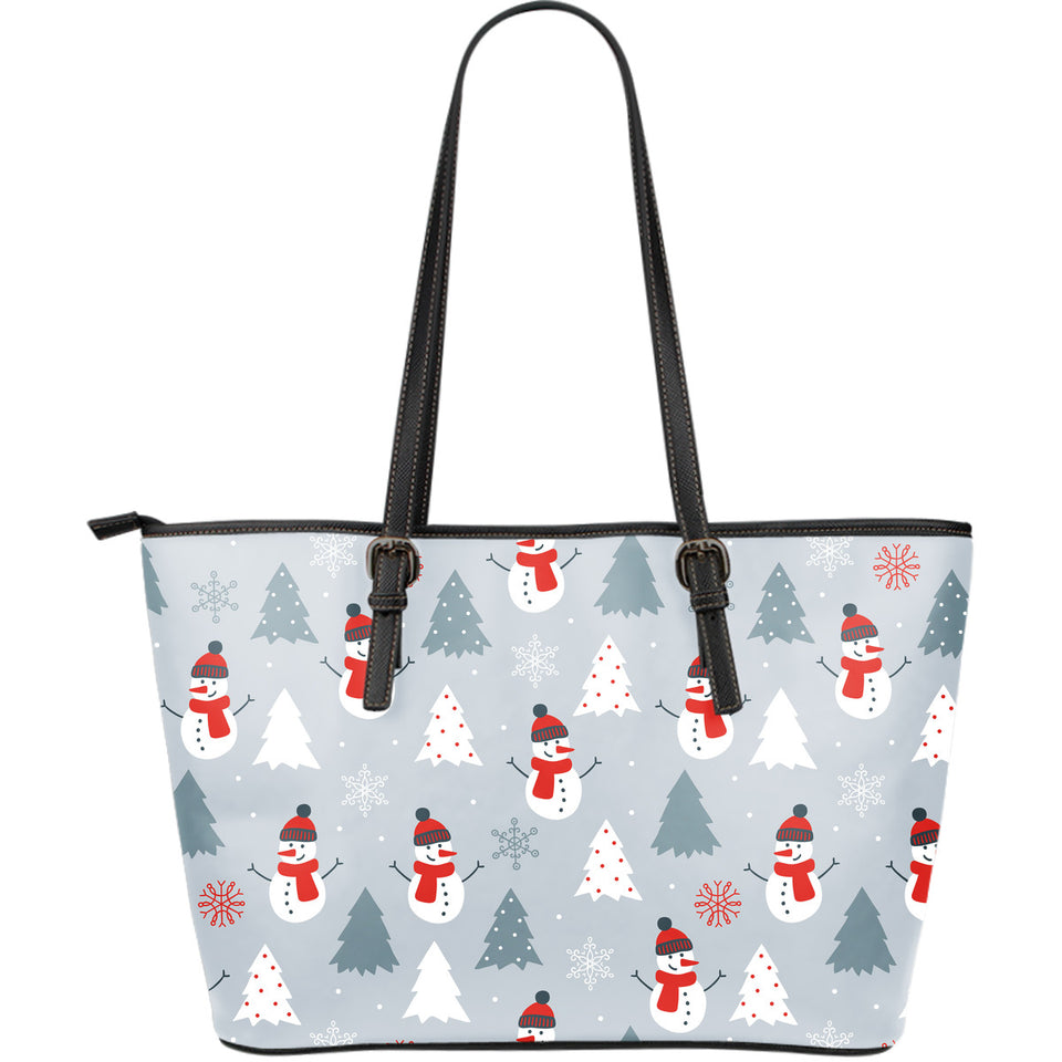 Snowman Christmas  Tree Snow Gray Background Large Leather Tote Bag