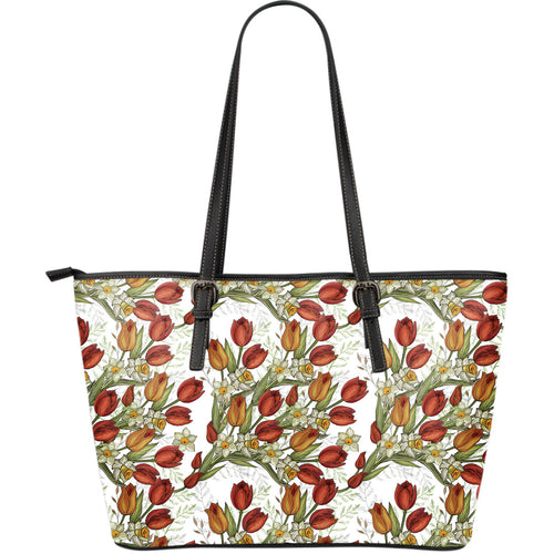 Red Tulips And Daffodils Pattern Large Leather Tote Bag