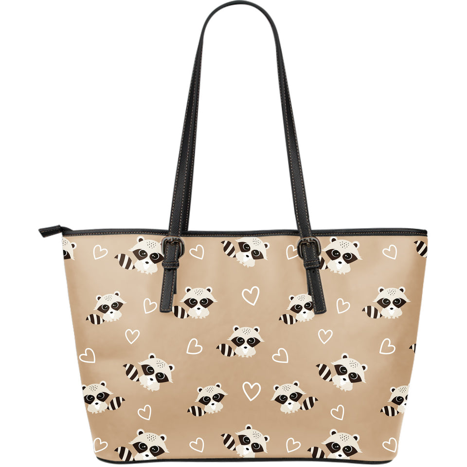 Cute Raccoon Heart Pattern Large Leather Tote Bag