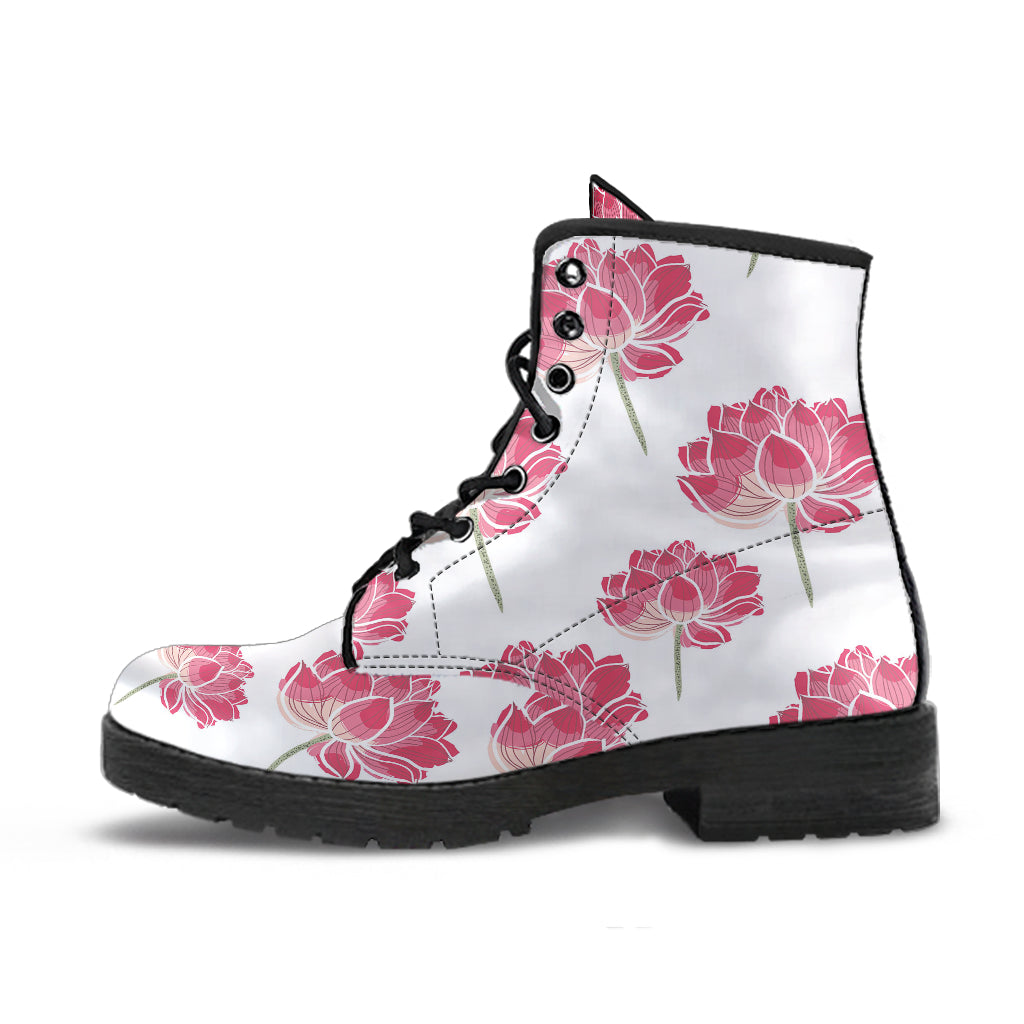 Pink Lotus Waterlily Pattern Leather Boots