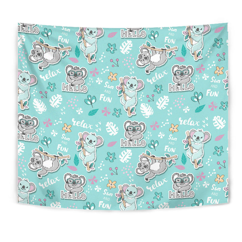 Cute Koalas Blue Background Pattern Wall Tapestry