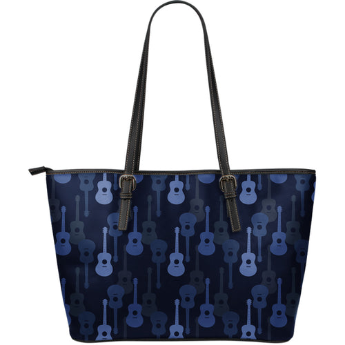 Blue Theme Guitar Pattern Large Leather Tote Bag