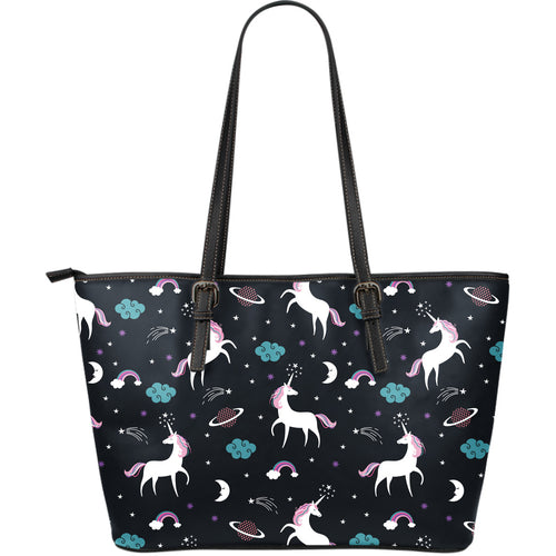 Unicorn Rainbows Moon Clound Star Pattern Large Leather Tote Bag