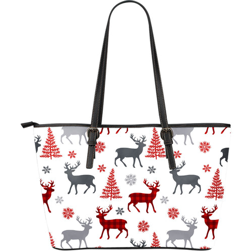 Deer Tree Snowflakes Chrismas Pattern Large Leather Tote Bag