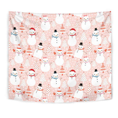 Cute Snowman Christmas Tree Snowpink Background Wall Tapestry
