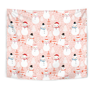 Cute Snowman Christmas Tree Snowpink Background Wall Tapestry