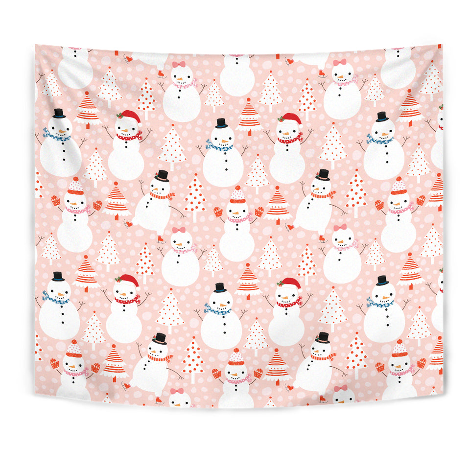 Cute Snowman Christmas Tree Snowpink Background Wall Tapestry