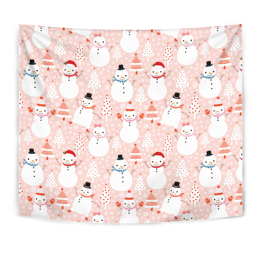 Cute Snowman Christmas Tree Snowpink Background Wall Tapestry