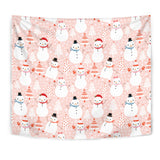 Cute Snowman Christmas Tree Snowpink Background Wall Tapestry