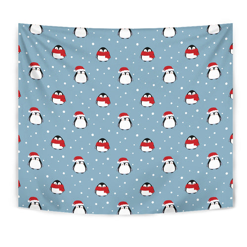 Cute Penguin Christmas Snow Pattern Wall Tapestry