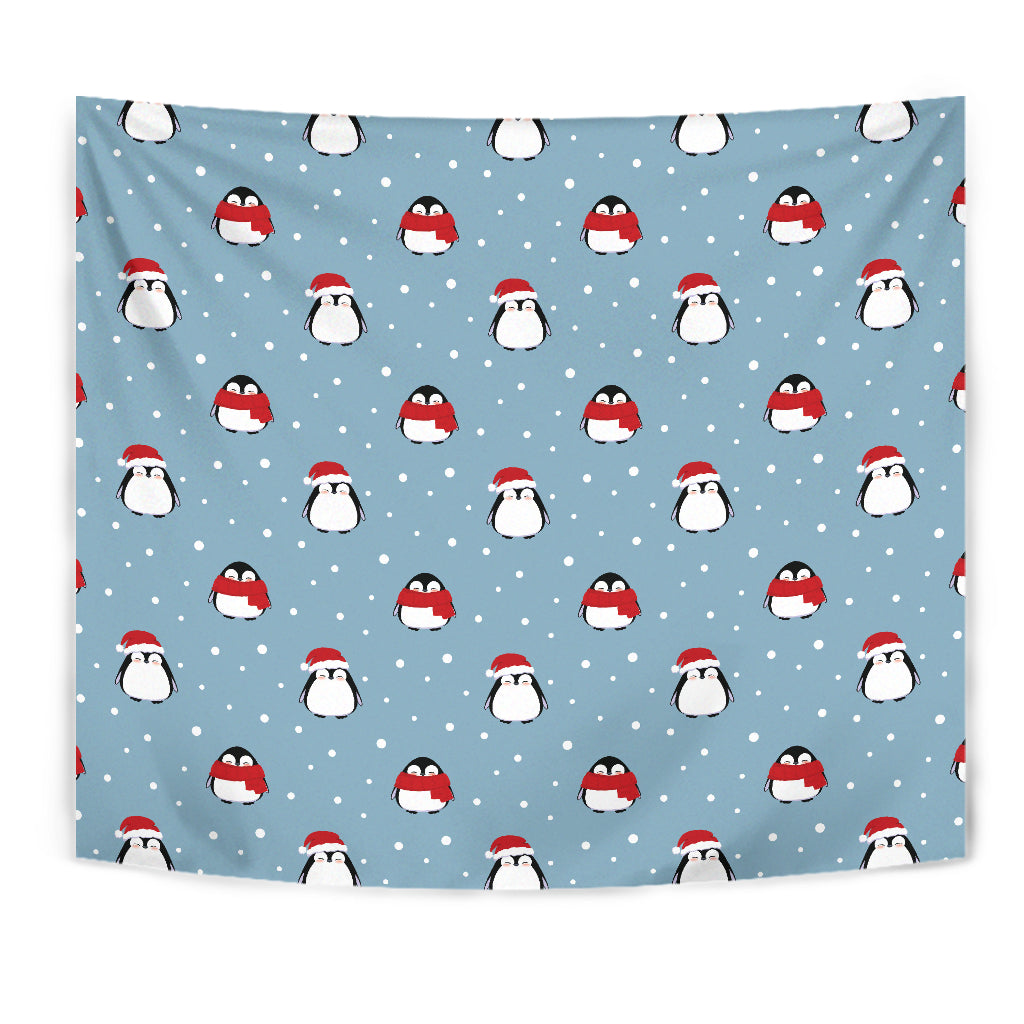 Cute Penguin Christmas Snow Pattern Wall Tapestry